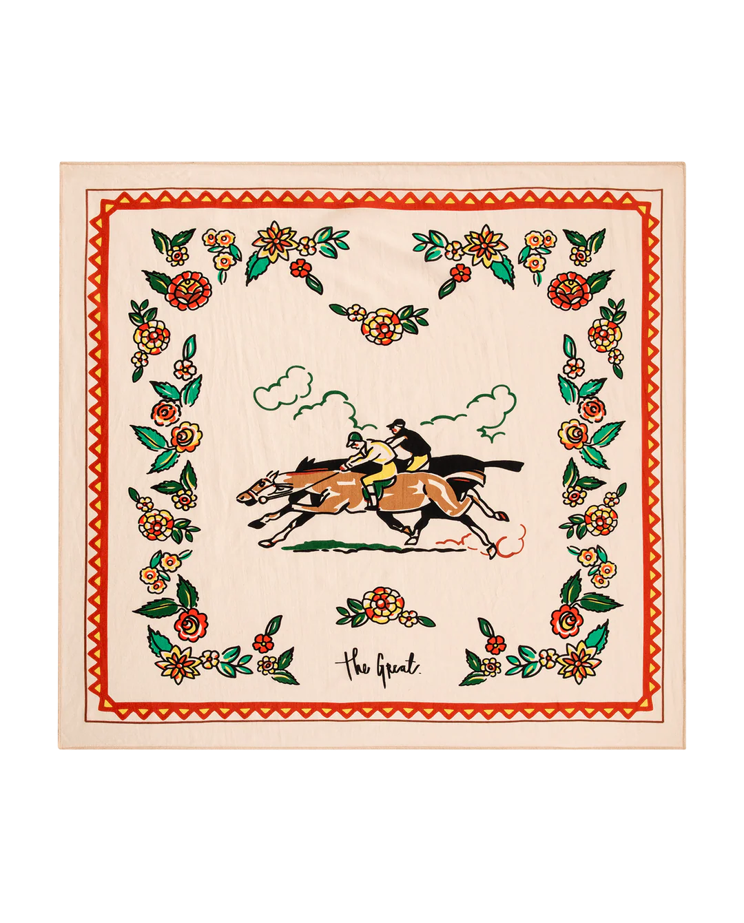 The Derby Silk Bandana by The Great Inc. is a square silk accessory featuring two jockeys on horses at the center, bordered by vibrant flowers and leaves, with bold red and orange framing and “The Great.” printed at the bottom.