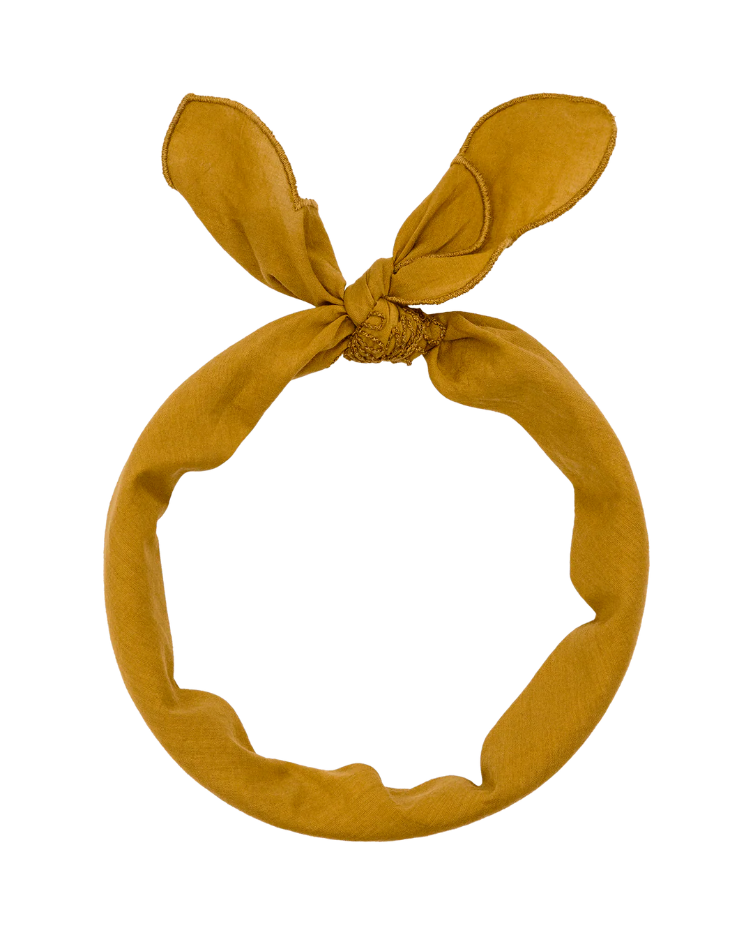 The Scalloped Bandana by The Great Inc. is a mustard yellow fabric headband featuring a knot and two pointed ends at the top, inspired by vintage handkerchief styles.