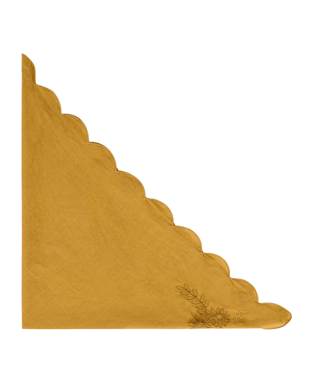 The Scalloped Bandana by The Great Inc. features a mustard-yellow linen design with scalloped edges and dainty floral embroidery in one corner, evoking vintage handkerchief style, displayed on a plain white backdrop.