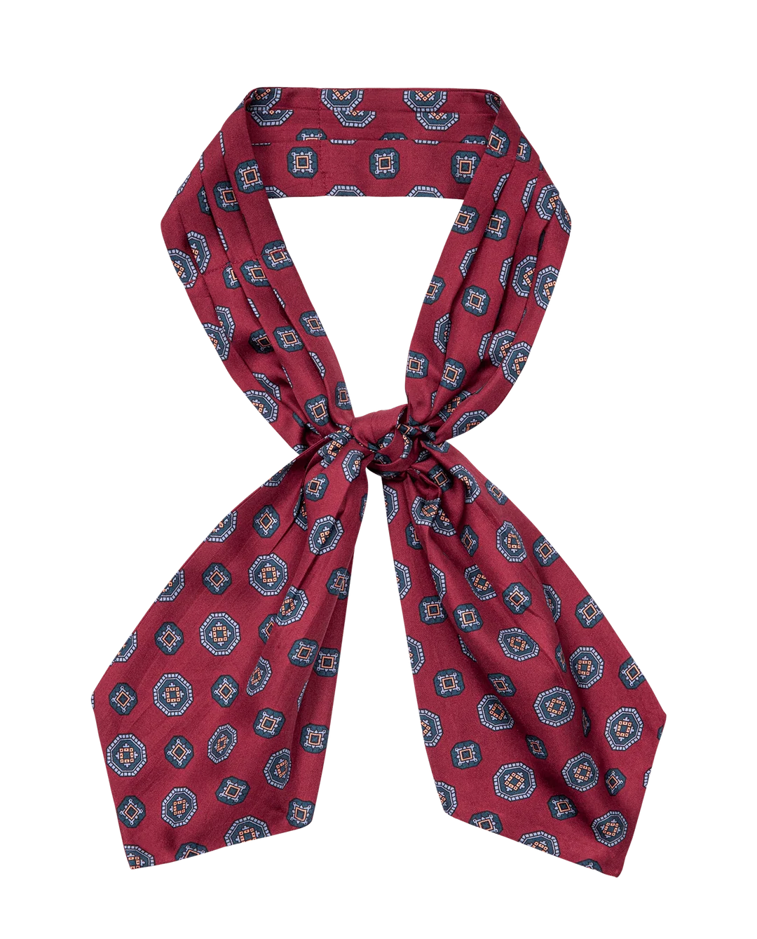 Burgundy Pleated Neck Tie with a geometric medallion pattern by Bungalow Furniture &amp; Accessories in a vintage style.