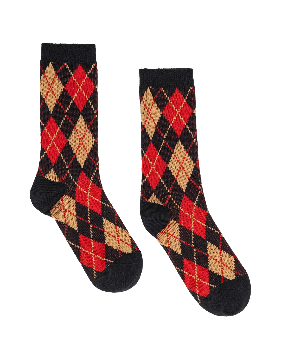 Black multi vintage argyle socks with solid black toes and cuffs by Bungalow Furniture &amp; Accessories.
