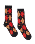 Black multi vintage argyle socks with solid black toes and cuffs by Bungalow Furniture & Accessories.