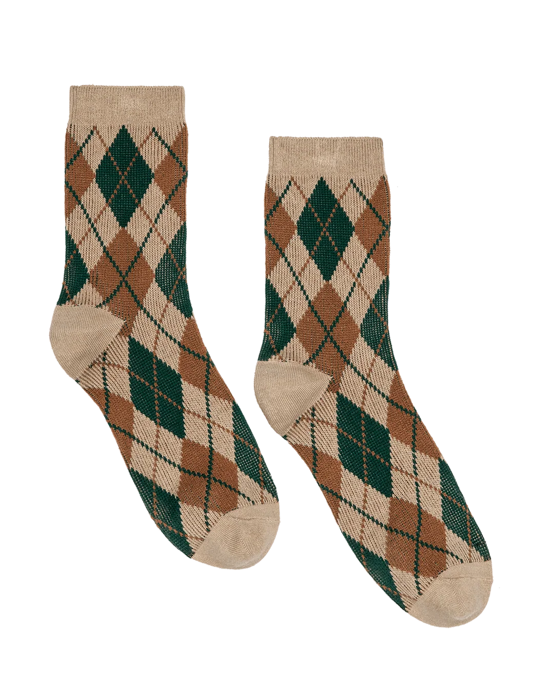 Vintage crew Argyle Socks in camel multi featuring a green and brown diamond pattern from Bungalow Furniture.