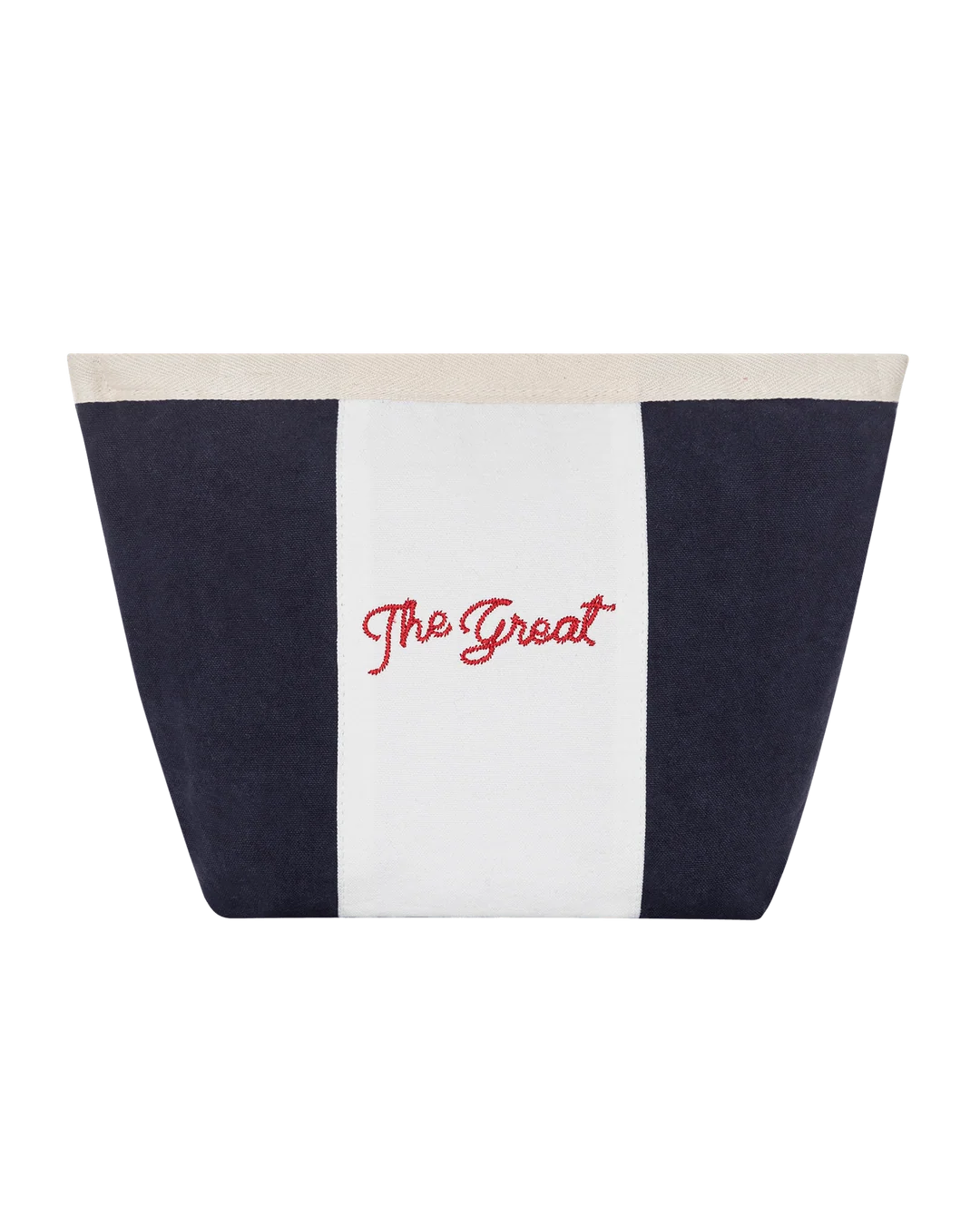 The Striped Pouch by Bungalow Furniture &amp; Accessories in navy and white cotton canvas with red embroidery.