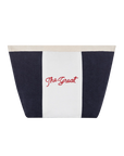 The Striped Pouch by Bungalow Furniture & Accessories in navy and white cotton canvas with red embroidery.