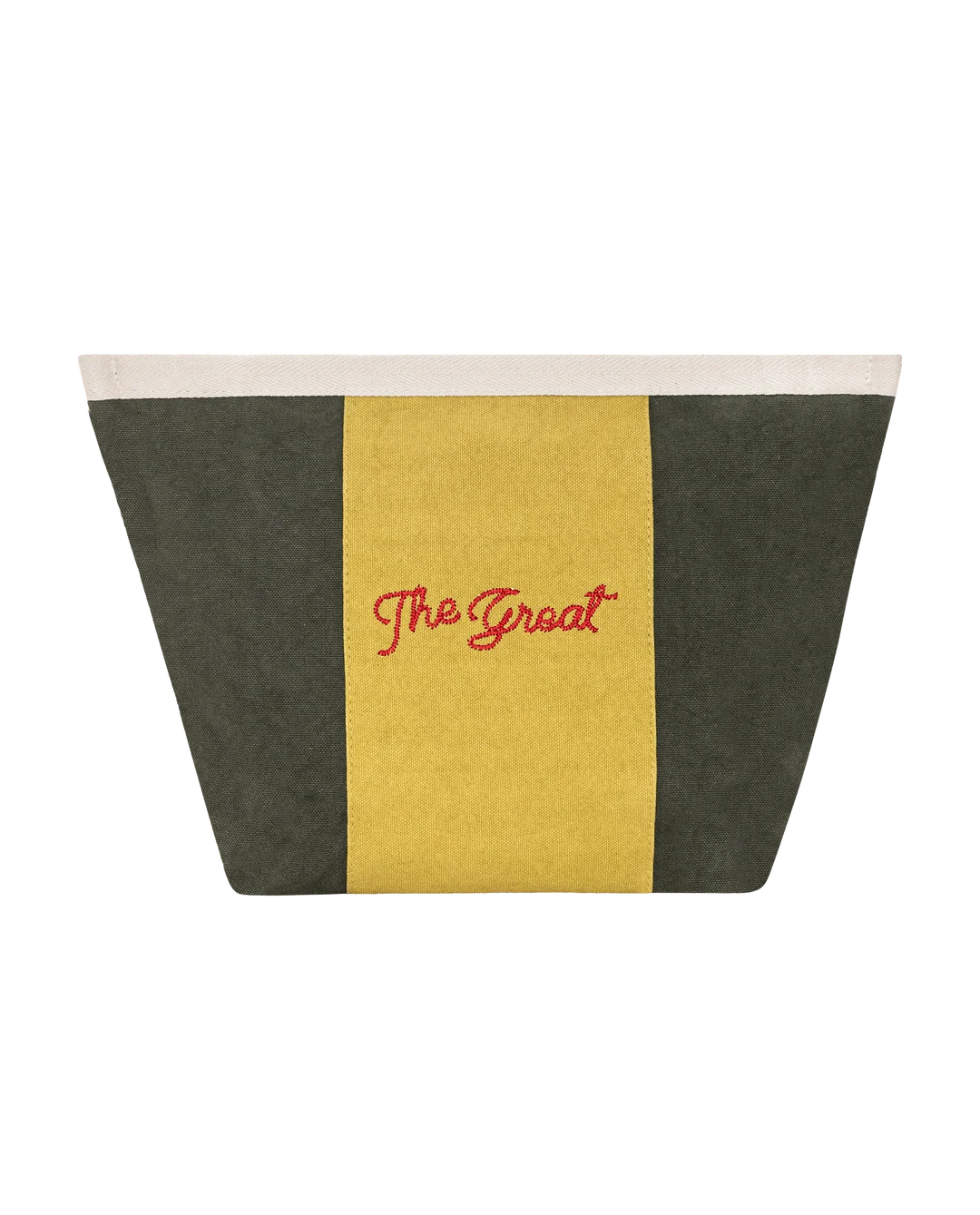 Striped Pouch in olive and citron cotton canvas with cream trim and red embroidery from Bungalow Furniture &amp; Accessories.