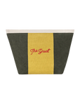 Striped Pouch in olive and citron cotton canvas with cream trim and red embroidery from Bungalow Furniture & Accessories.