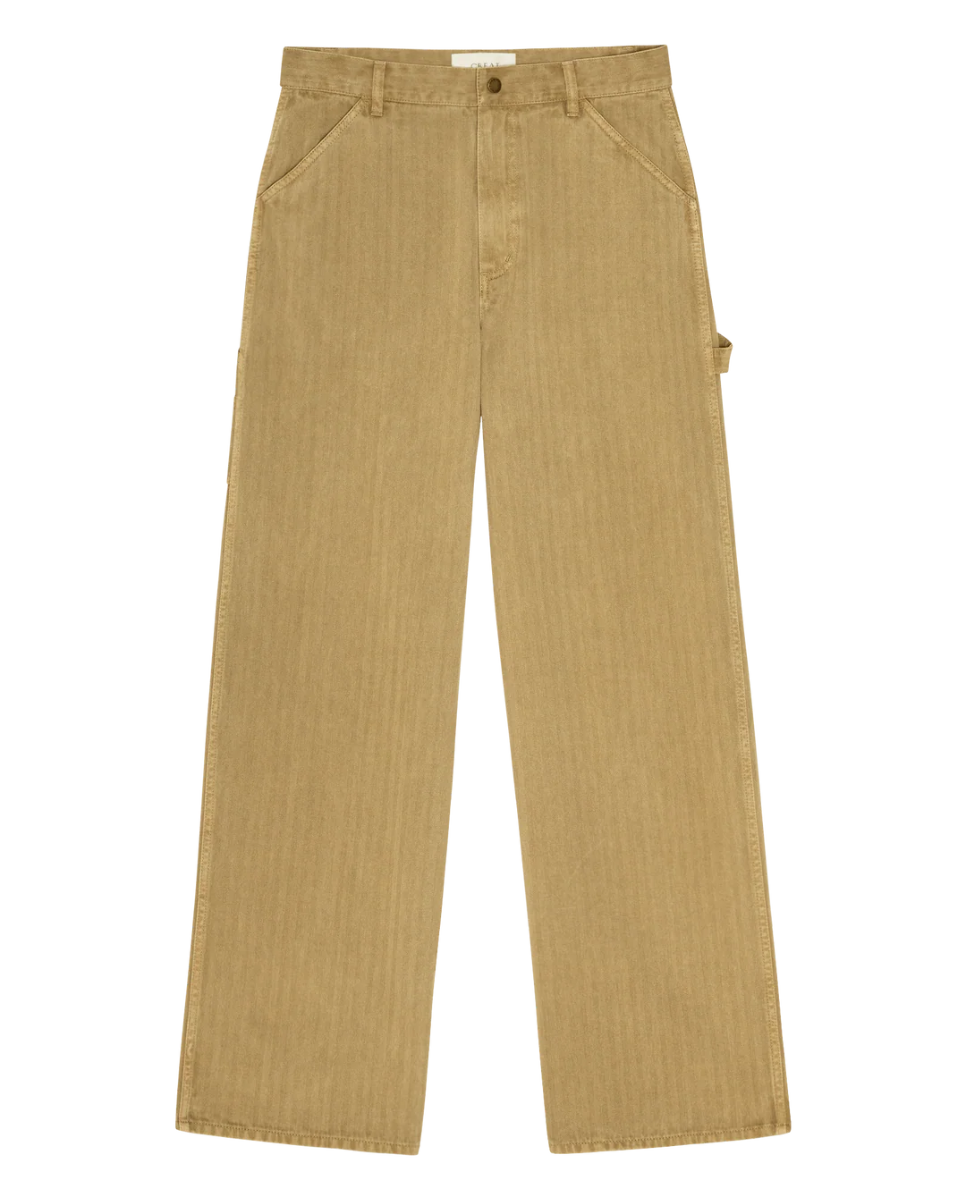 The Great Inc. The Mill Pant features wide-leg, light brown carpenter styling with front/back pockets, belt loops, a right-side utility loop, and durable cotton herringbone fabric, shown on a plain white background.
