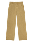 The Great Inc. The Mill Pant features wide-leg, light brown carpenter styling with front/back pockets, belt loops, a right-side utility loop, and durable cotton herringbone fabric, shown on a plain white background.