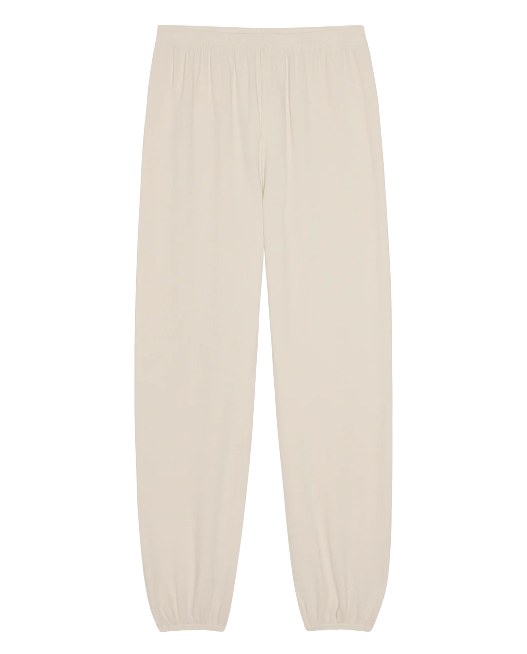 Washed white Dance Pant with elastic waist and gathered cuffs, by The Great Inc., laid flat on white background.