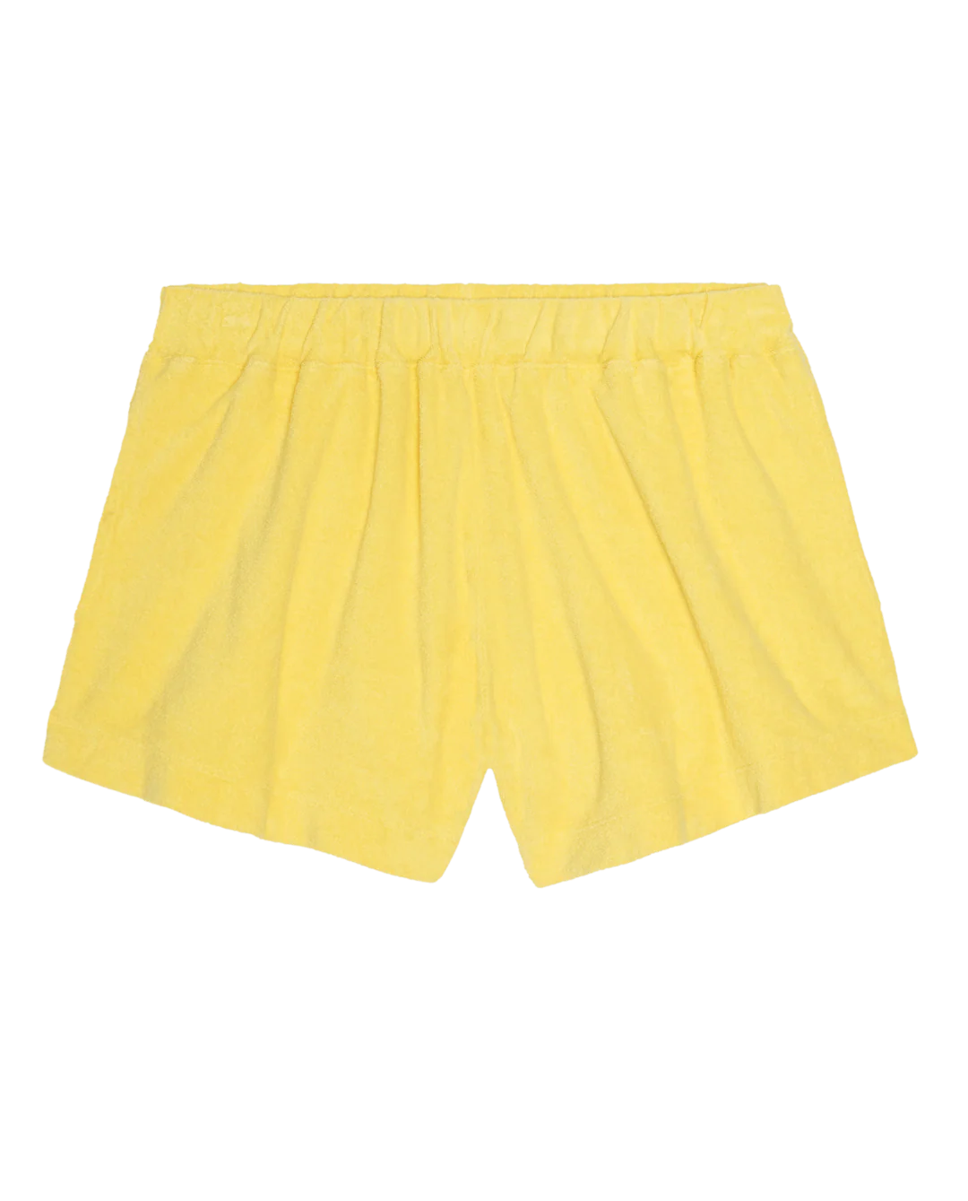 The Micro Terry Swing Short by The Great Inc.—yellow cotton shorts with an elastic waistband, vintage knit-inspired, shown flat on a white background.