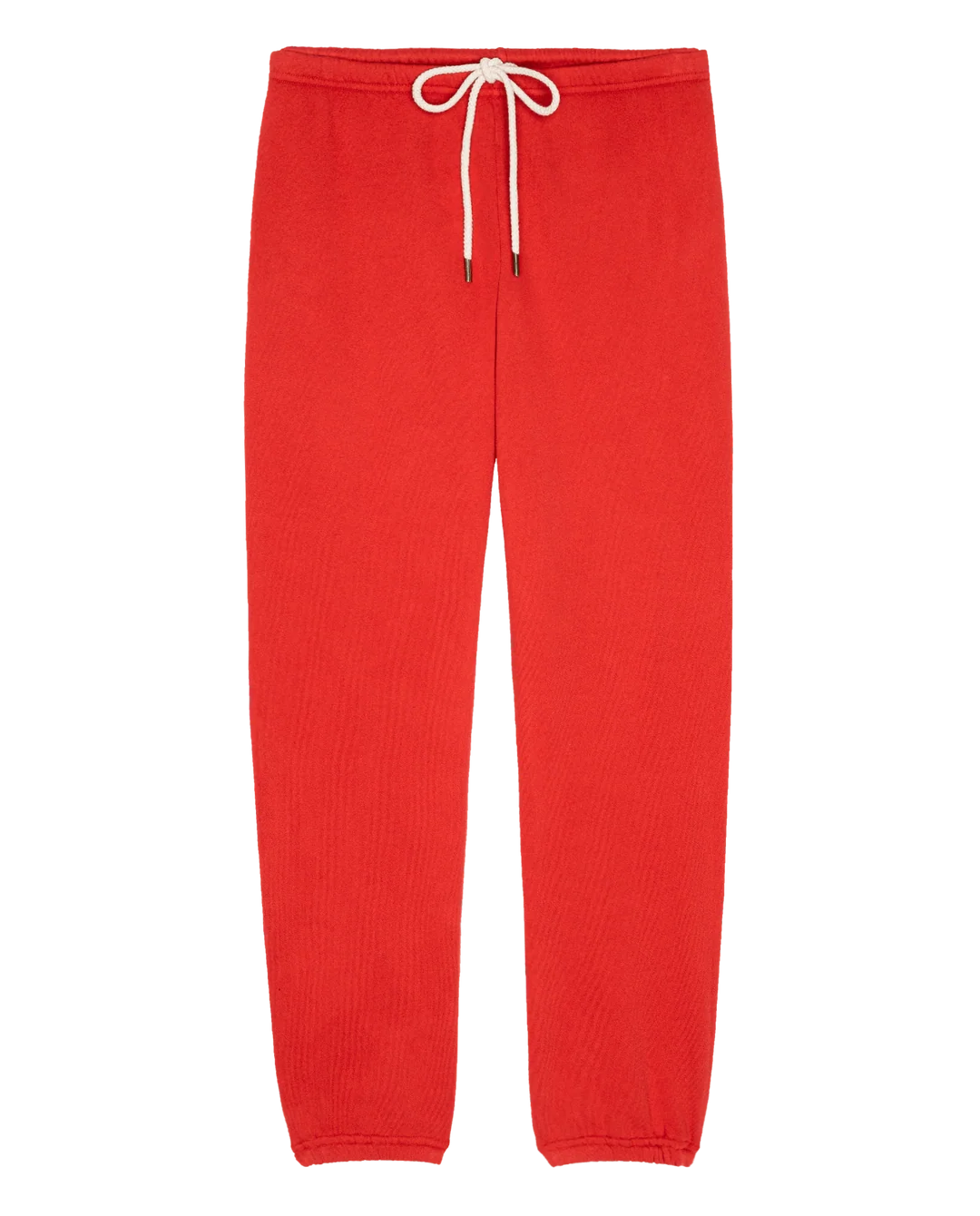 Bright red fleece stadium sweatpants with an elastic waistband and white drawstring by Bungalow.
