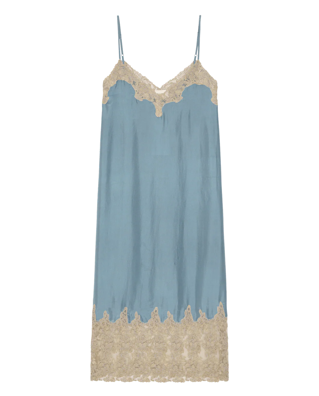 The Great Inc.’s The Legacy Dress is a light blue, vintage-inspired satin slip with thin spaghetti straps and beige embroidered mesh lace trim at the neckline and hem.