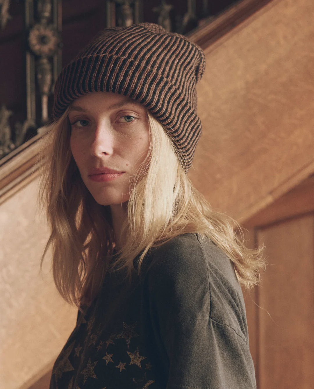 The Striped Beanie by Bungalow Furniture &amp; Accessories, a vintage wool winter hat with brown and black ribbed stripes.