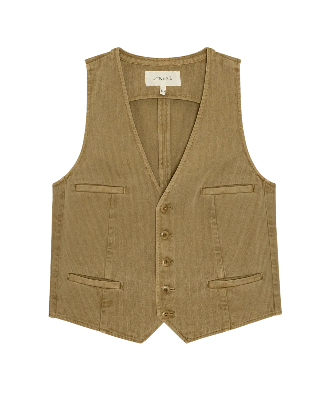 The Great Inc. Suit Vest is a khaki cotton herringbone V-neck vest with four front buttons and four slit pockets, shown on a plain white background.
