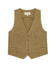 The Great Inc. Suit Vest is a khaki cotton herringbone V-neck vest with four front buttons and four slit pockets, shown on a plain white background.