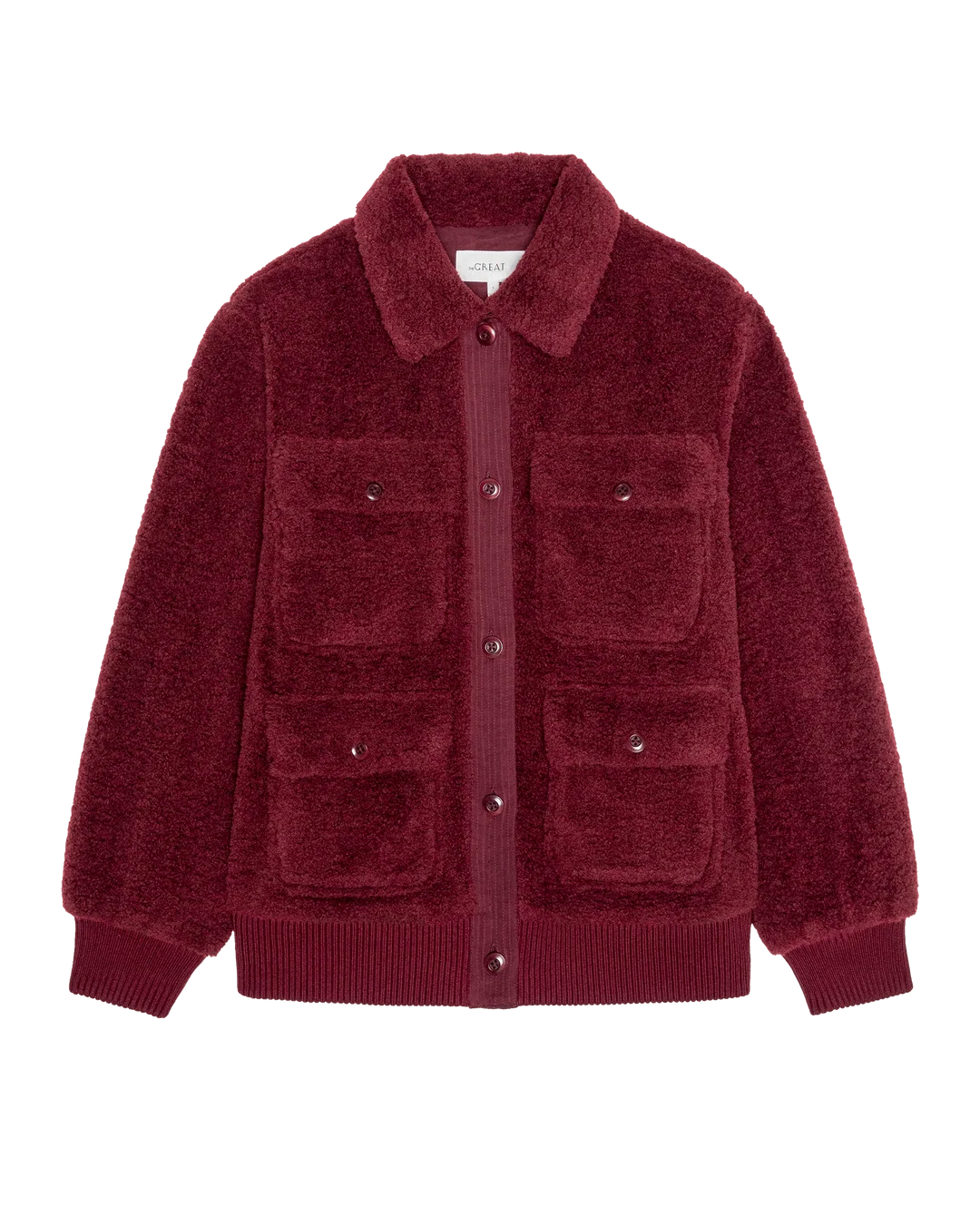 Burgundy plush jacket with collar and four patch pockets by The Great Inc.