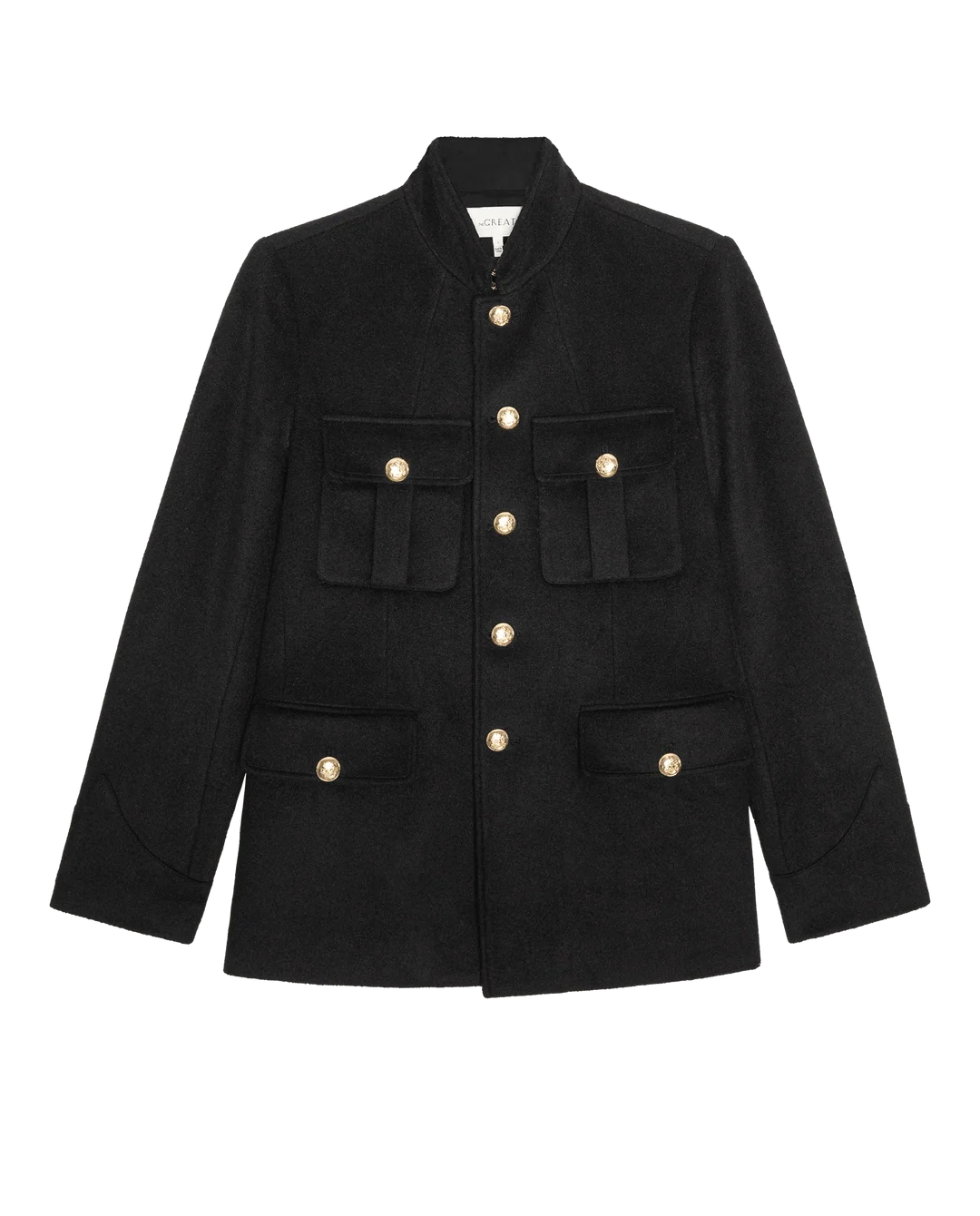 Black wool Military Blazer with mandarin collar and gold-toned buttons by Bungalow Furniture &amp; Accessories.