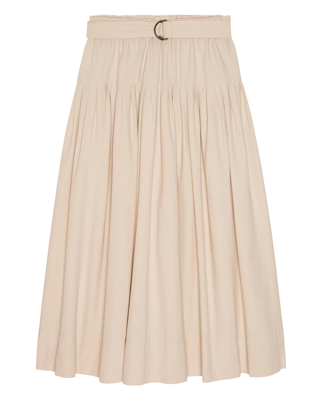 The Highland Skirt by The Great Inc. is a beige, knee-length cotton canvas skirt with a gathered waist, matching fabric belt with round metal buckle, inspired by classic vintage pleated styles.