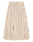 The Highland Skirt by The Great Inc. is a beige, knee-length cotton canvas skirt with a gathered waist, matching fabric belt with round metal buckle, inspired by classic vintage pleated styles.