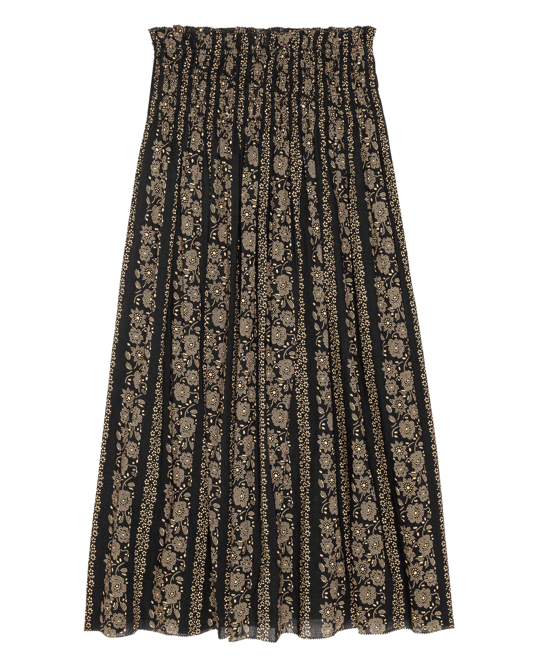 The Canary Skirt by The Great Inc. is a black pleated midi seersucker skirt with beige floral and vine patterns and features a gathered, airy pull-on smocked waistband.