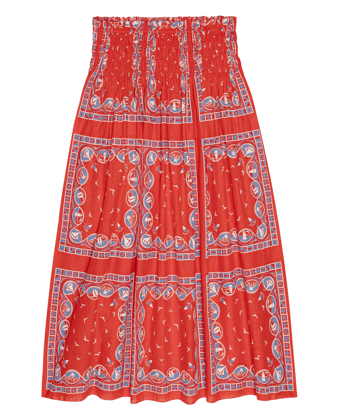 The Great Inc.'s Canary Skirt is a red, knee-length cotton seersucker skirt with a smocked waistband and a blue-and-white nautical border featuring sailboat patterns and grid designs for an airy, breezy look.