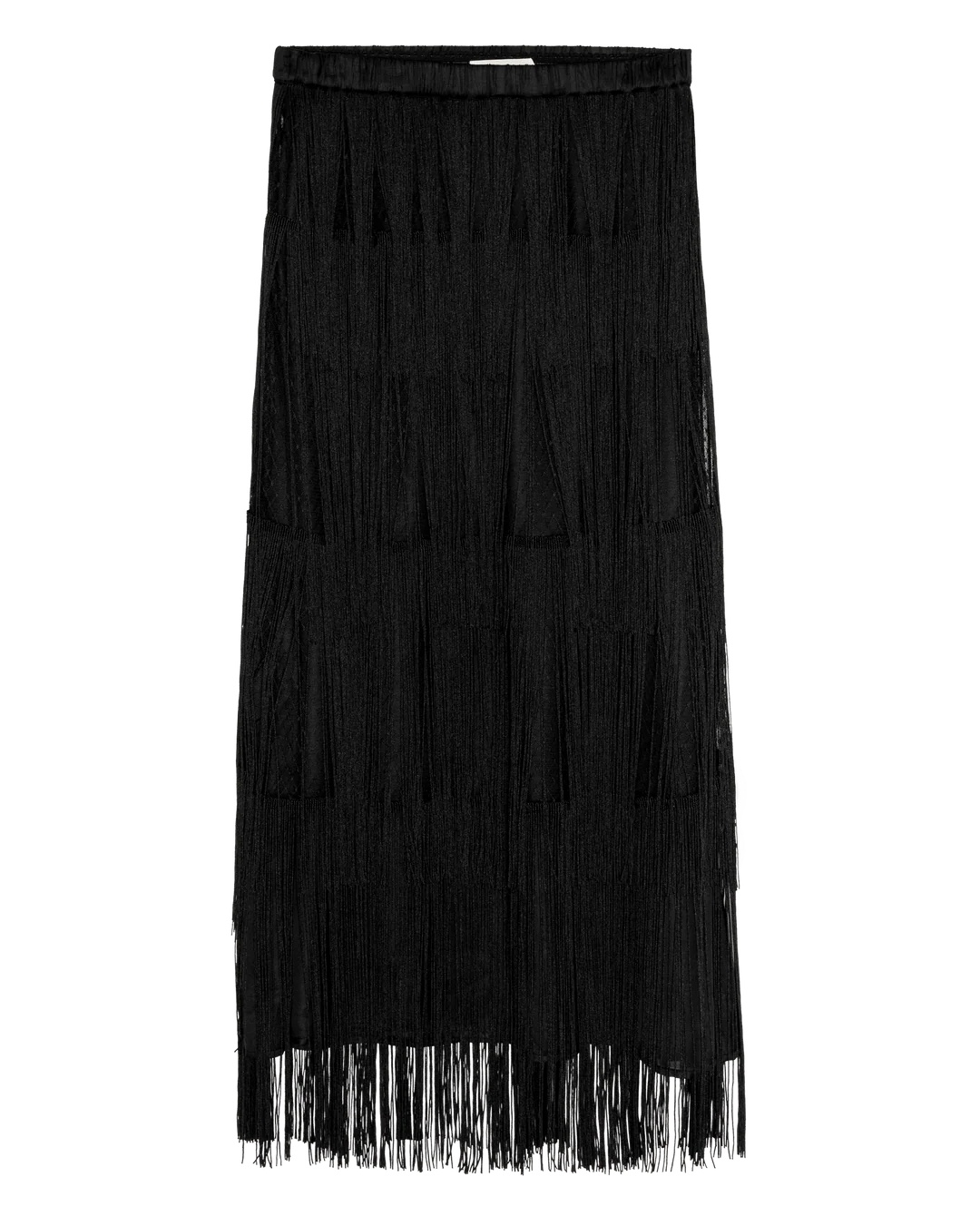 Black midi fringe skirt by Bungalow Furniture &amp; Accessories featuring tiered 1920s-style layers in dotted mesh.