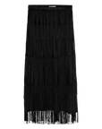 Black midi fringe skirt by Bungalow Furniture & Accessories featuring tiered 1920s-style layers in dotted mesh.