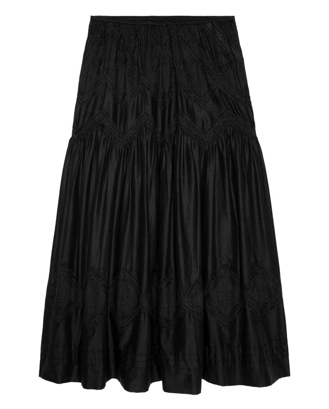 Black cotton voile Victorian skirt with lace, subtle embroidery, and elastic waist by The Great Inc., shown on white.