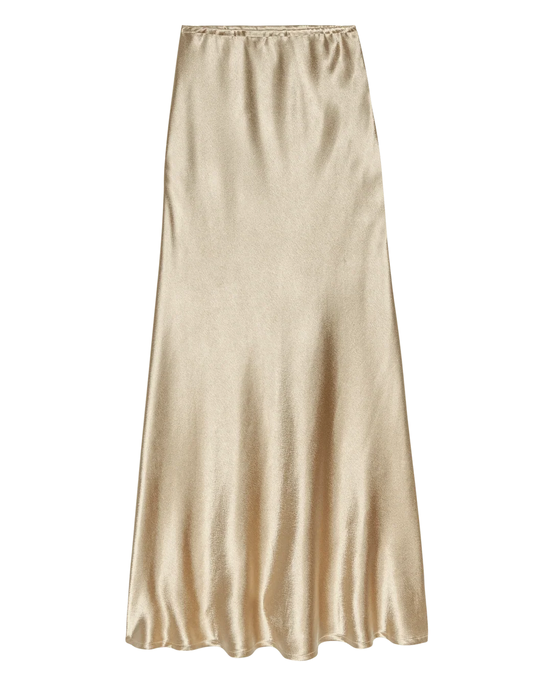 Champagne metallic satin midi skirt with elastic waistband by Bungalow Furniture &amp; Accessories.