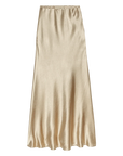 Champagne metallic satin midi skirt with elastic waistband by Bungalow Furniture & Accessories.