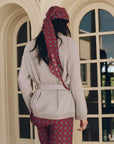 Lurex Commander Riding Cardi with matching patterned pants and headscarf, styled with a belted shawl collar.