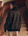 Double Breasted Shawl Collar Coat in brown plaid worn by a person on a staircase.