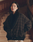 Double Breasted Shawl Collar Coat in dark brown plaid from Bungalow Furniture & Accessories.