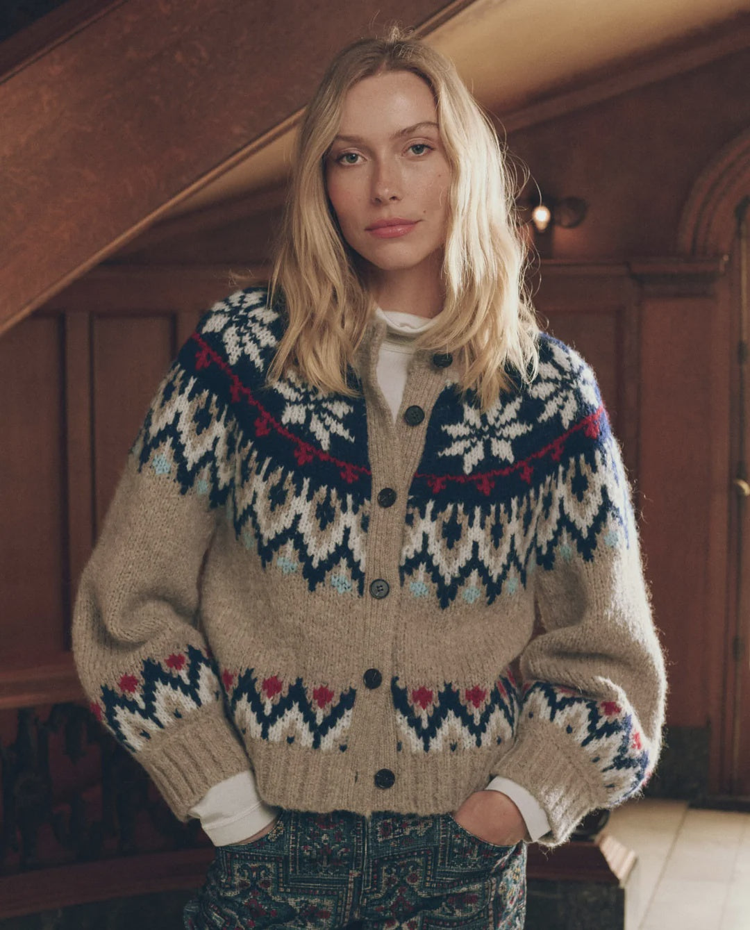 Tan button-front cardigan from Bungalow Furniture &amp; Accessories featuring a multi-colored winter Fair Isle pattern.