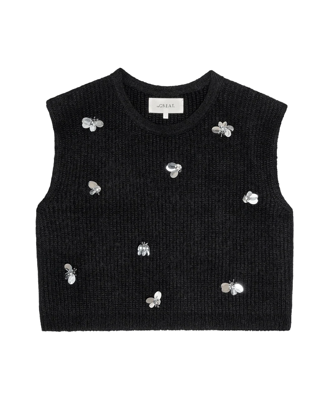 Black baby alpaca Embellished Sweater Vest with scattered silver insect accents by Bungalow Furniture &amp; Accessories.