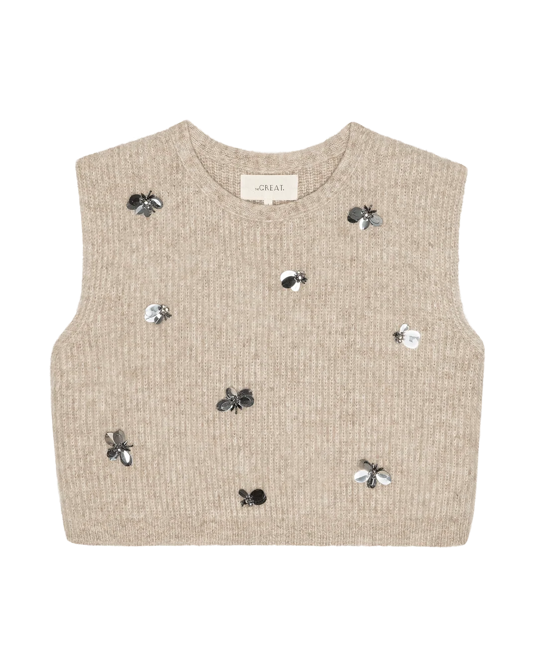 Fawn sweater vest featuring scattered silver and black sequined bee motifs from Bungalow Furniture &amp; Accessories.