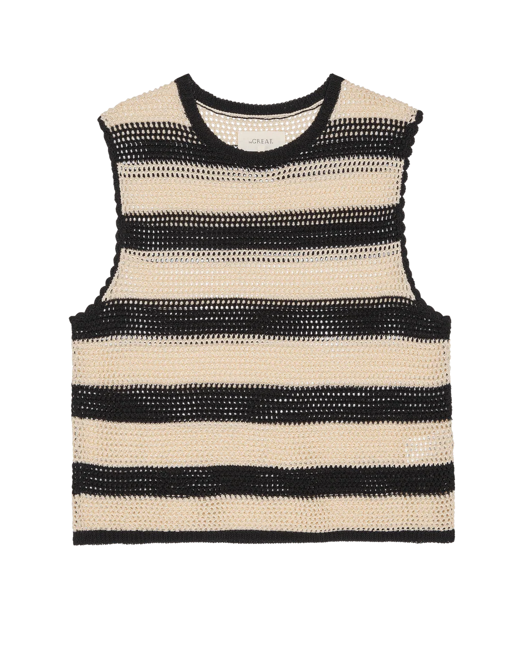 The Great Inc.'s Crochet Sweater Shell is a sleeveless, crochet knit top with horizontal black and beige stripes, a round neckline, and a boxy, cropped silhouette inspired by vintage sailor style. Displayed on a white background.