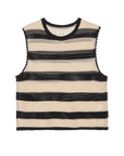 The Great Inc.'s Crochet Sweater Shell is a sleeveless, crochet knit top with horizontal black and beige stripes, a round neckline, and a boxy, cropped silhouette inspired by vintage sailor style. Displayed on a white background.