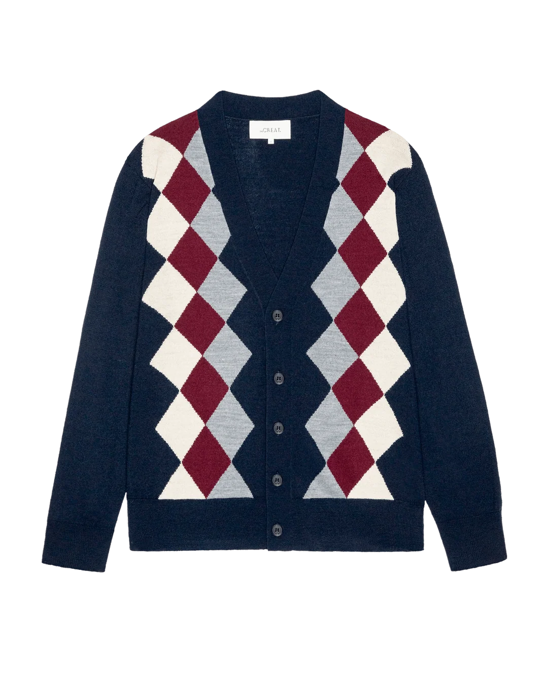 Navy blue V-neck cardigan with a multi-colored argyle pattern and front buttons by The Great Inc.