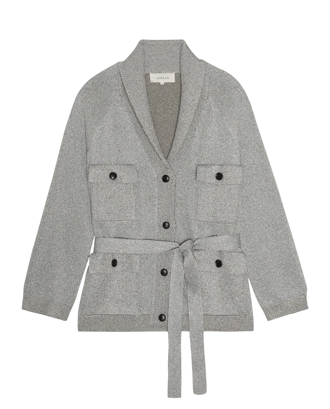 Silver metallic Lurex Commander Riding Cardi with shawl collar, chest pockets, and waist tie by Bungalow.
