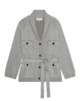 Silver metallic Lurex Commander Riding Cardi with shawl collar, chest pockets, and waist tie by Bungalow.