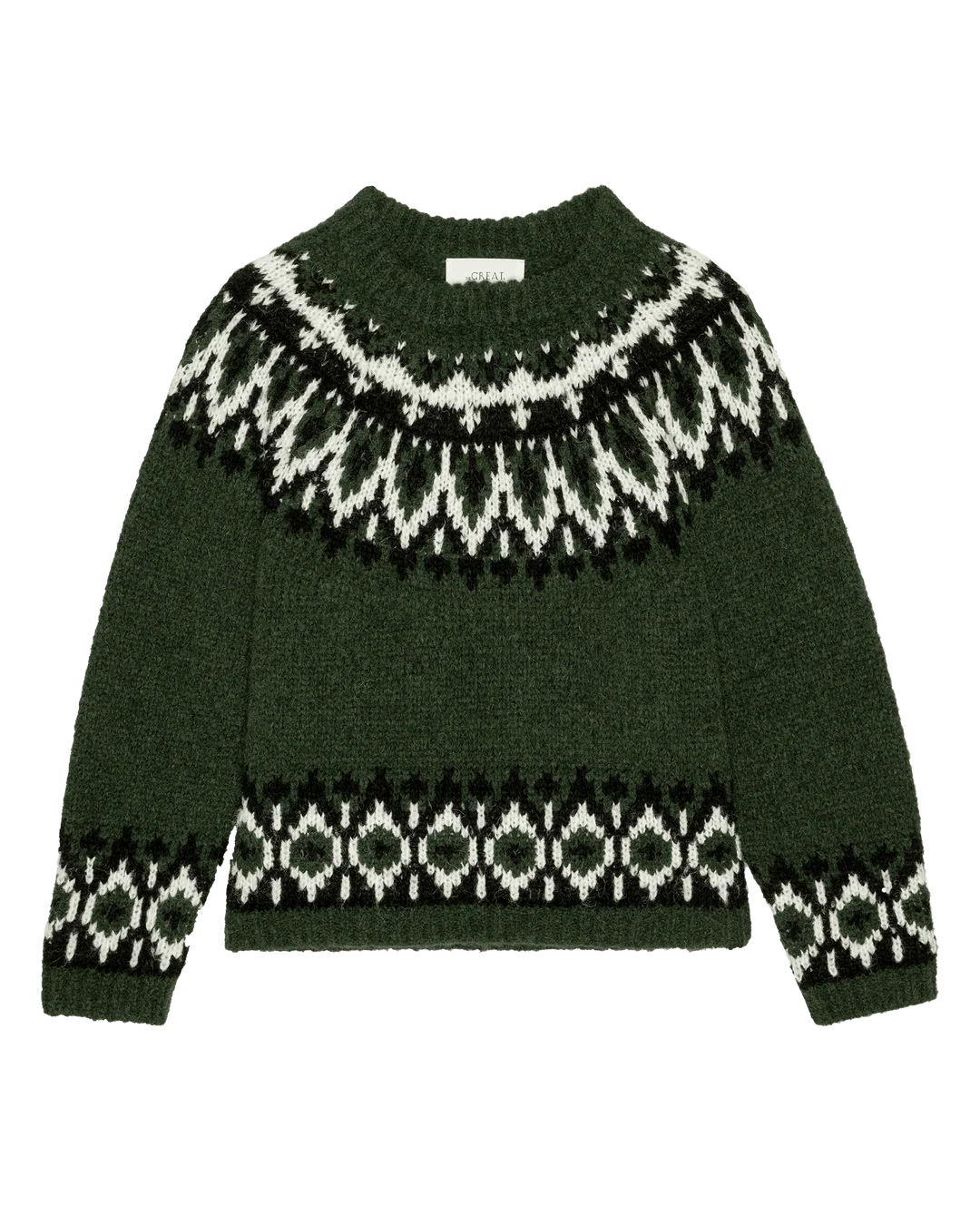 Dark green alpaca Arctic Fairisle Pullover sweater featuring white and black yoke and cuff patterns by Bungalow.