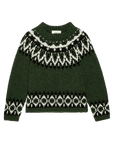 Dark green alpaca Arctic Fairisle Pullover sweater featuring white and black yoke and cuff patterns by Bungalow.