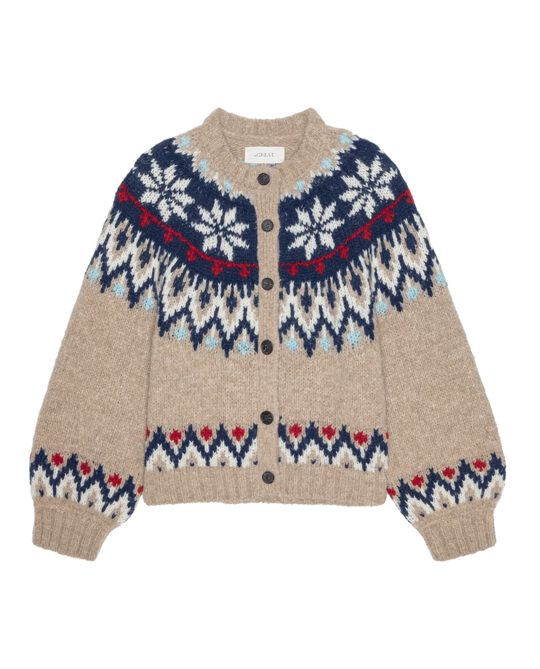 Tan alpaca cardigan with a navy, white, and red Nordic snowflake pattern and button front, The Winter Fairisle Cardi.