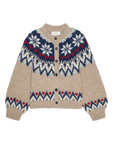 Tan alpaca cardigan with a navy, white, and red Nordic snowflake pattern and button front, The Winter Fairisle Cardi.