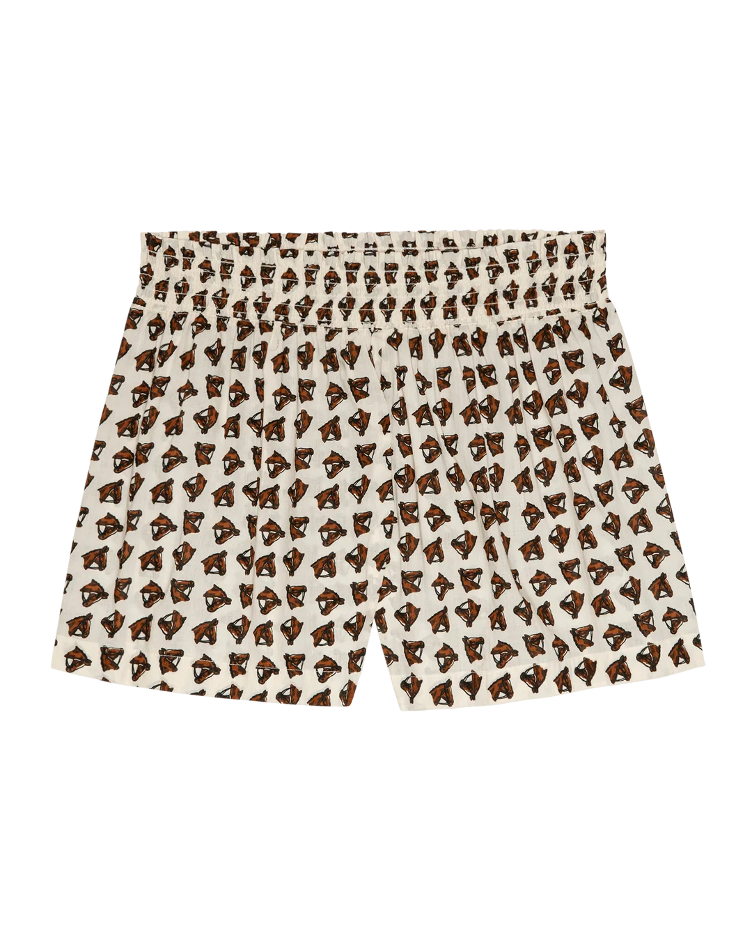 Flannel smocked sleep shorts in cream with a brown horse medallion print by Bungalow Furniture & Accessories.