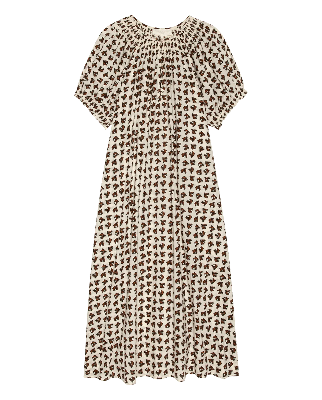 Smocked sleep dress in cream with brown geometric print, Victorian-inspired puff sleeves by Bungalow.