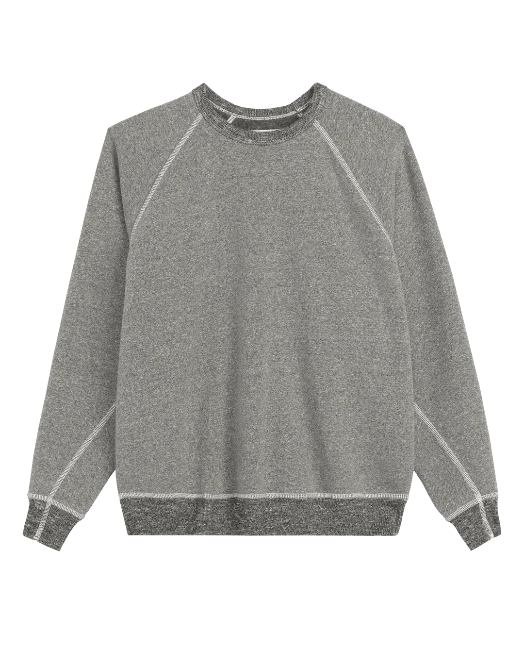 Gray French terry sweatshirt with white stitching, long sleeves; The Great Inc. The Fleece College Sweatshirt.