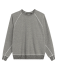 Gray French terry sweatshirt with white stitching, long sleeves; The Great Inc. The Fleece College Sweatshirt.